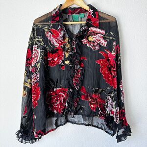 Everyday Clothing Women's Top Blouse Sheer 100% Silk Velvet Floral Spring Large